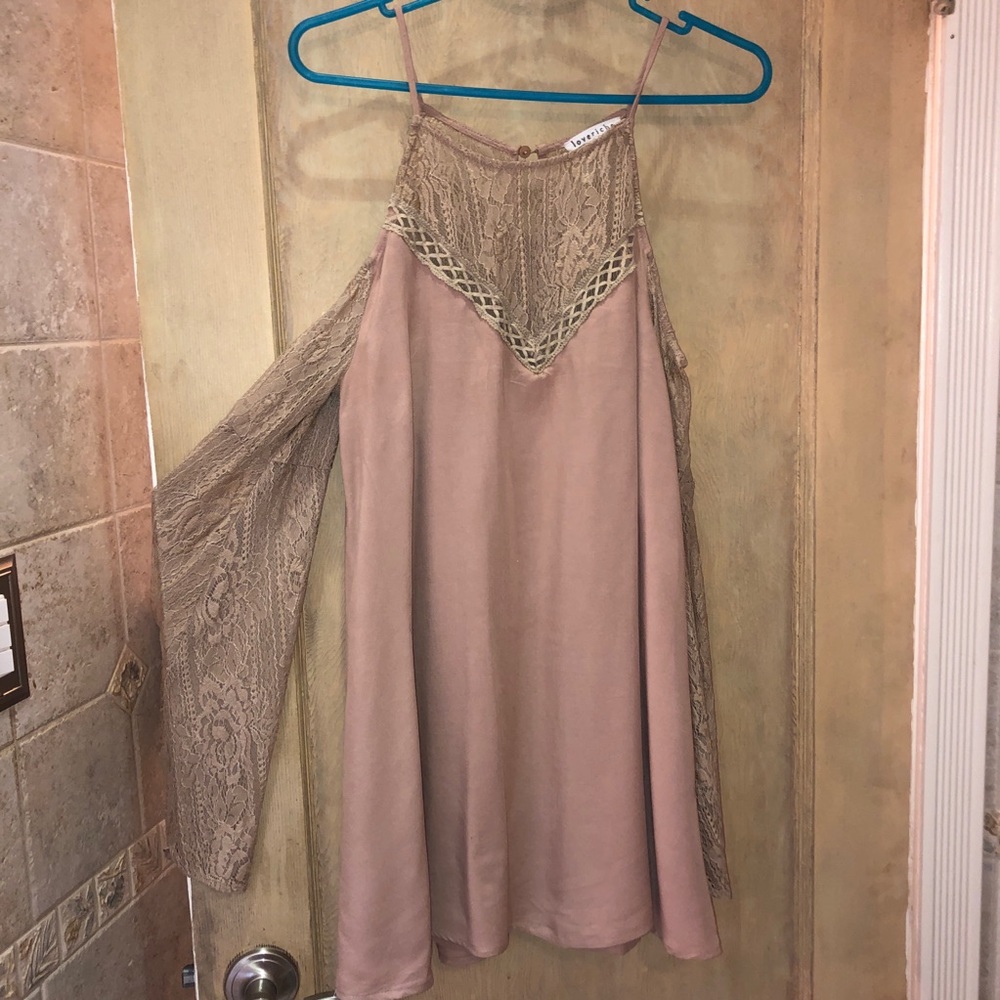 Taupe Dress with Lace Sleeves